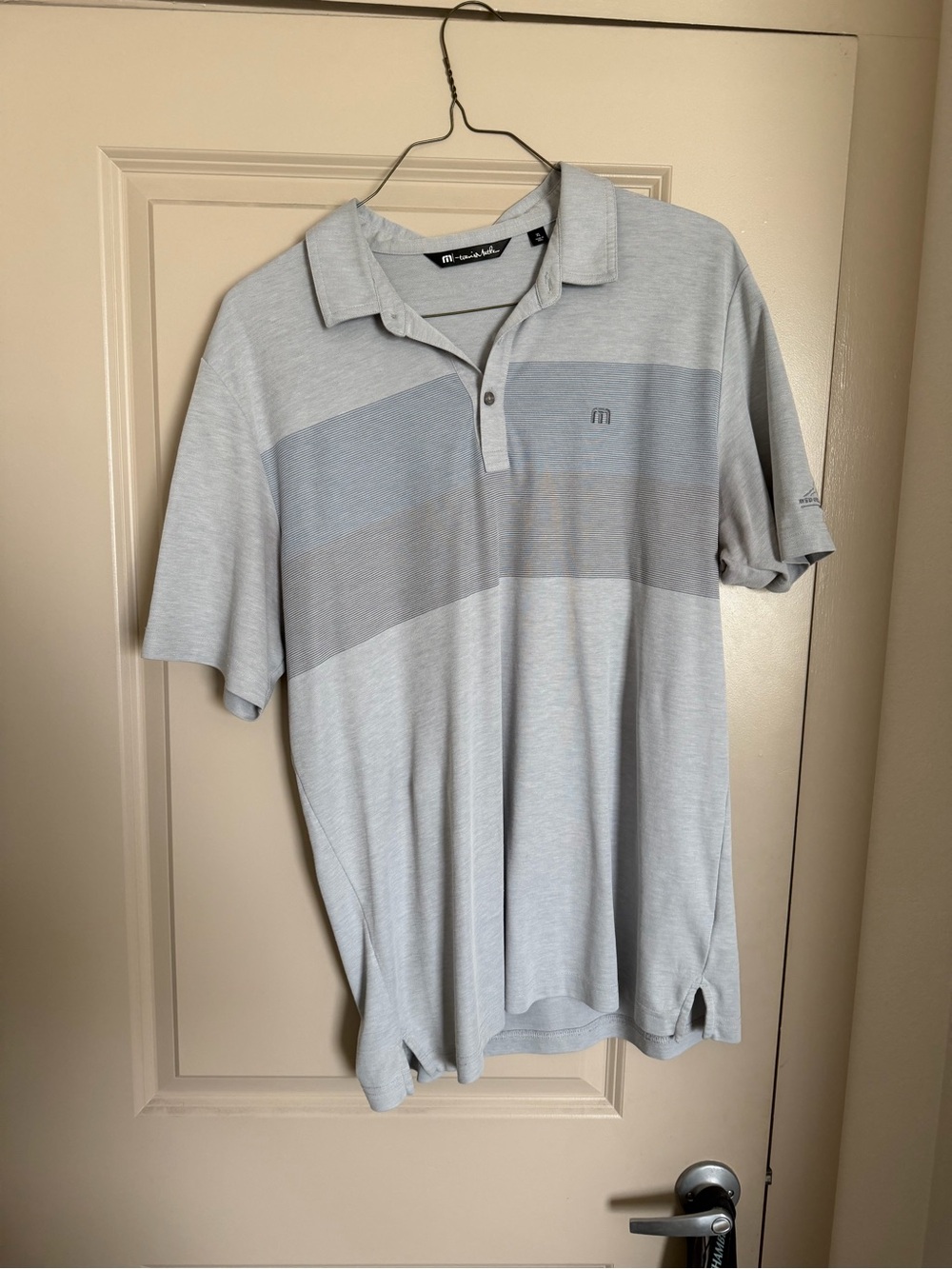 Travis Mathew Men's Light Gray and Heather Gray Striped Polo